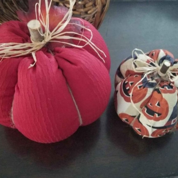 Other - Set of (2) Fabric pumpkins one red and one cream with a pumpkin in whitches hat